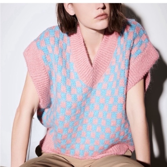 Zara Size Small Oversized Vneck Sweater Vest Check Cotton Candy Wool - Picture 1 of 9